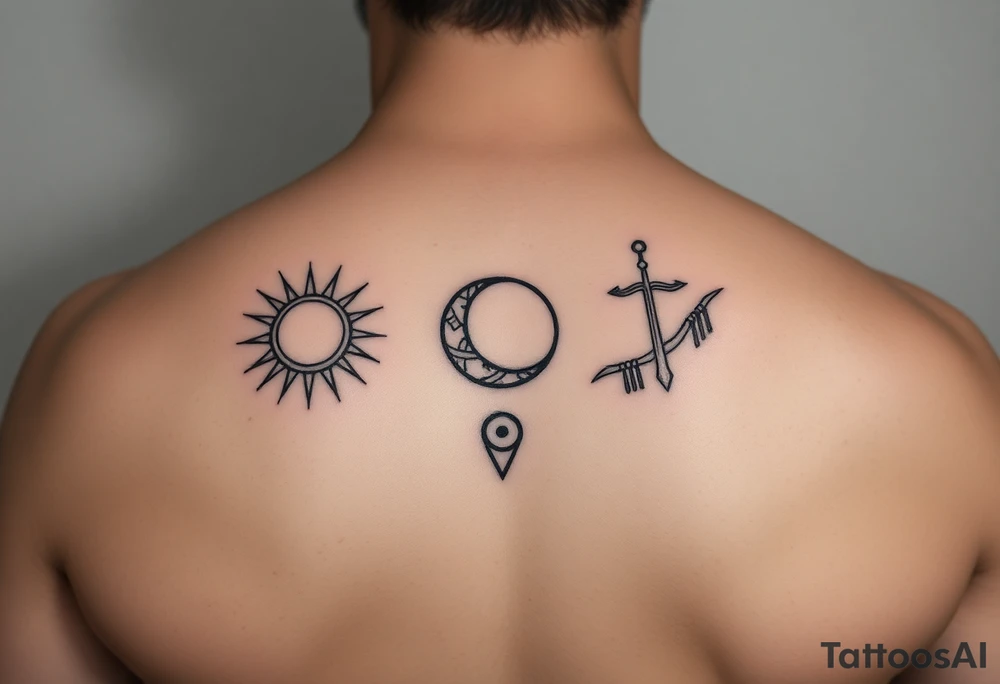 Simple line art tattoo that incorporates Capricorn (Sun), Gemini (moon), and Sagittarius (rising) signs— no shading— beginner friendly tattoo idea