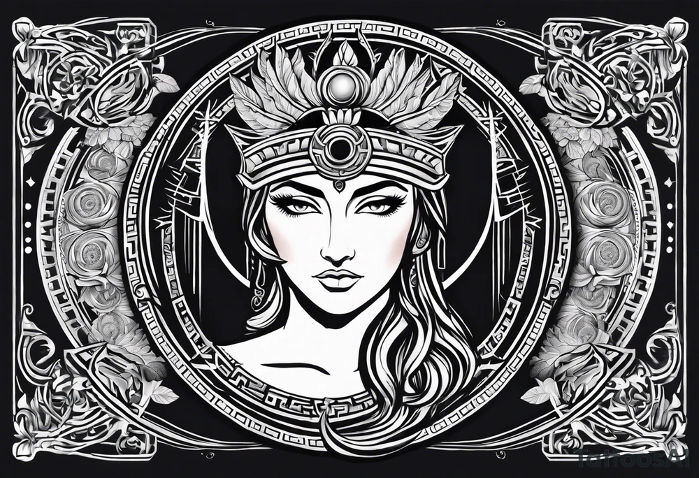 A full tattoo sleeve inspired by Greek mythology, centered around the Greek goddess Athena. Athena is portrayed with a strong, commanding presence, symbolizing wisdom, strength, and warfare. The design emphasizes bold, clean lines with a focus on sharp contrasts, creating a powerful and dynamic visual impact. Surrounding Athena, incorporate a mandala effect with geometric patterns that evoke a sense of order and strategy, reflecting her role as a warrior goddess. The sleeve also features masculine elements such as a fierce owl with piercing eyes, an ornate warrior’s helmet, and olive branches intertwined with Spartan-style armor, all seamlessly integrated into the design. The overall aesthetic is strong, rugged, and heroic, capturing the essence of Athena’s wisdom and martial prowess in a way that resonates with a masculine energy. tattoo idea
