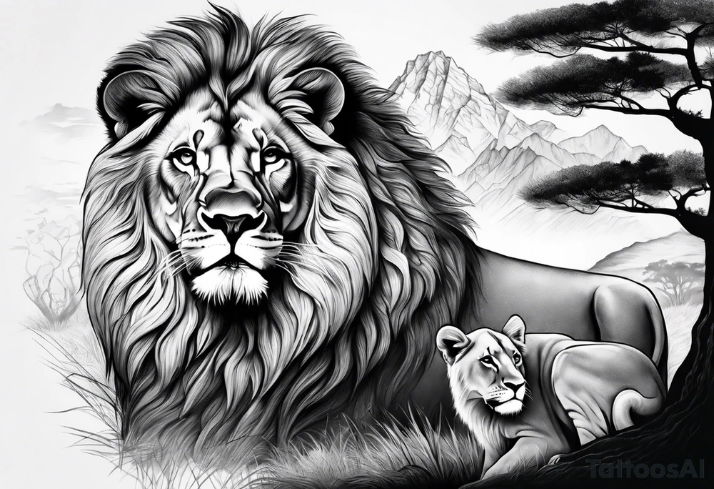 in front a tree in back ground a lion and is family tattoo idea