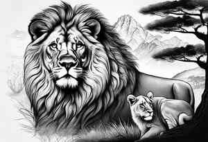 in front a tree in back ground a lion and is family tattoo idea