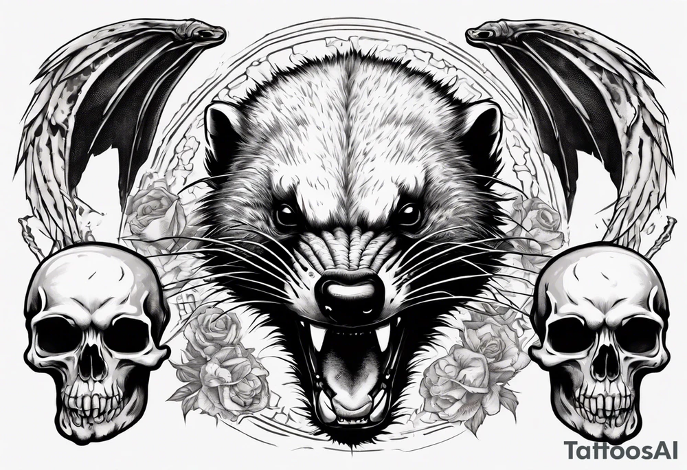 An angry, snarling, detailed honey badger with its muzzle forward against the background of skulls collected in wings tattoo idea