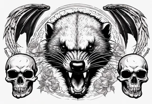 An angry, snarling, detailed honey badger with its muzzle forward against the background of skulls collected in wings tattoo idea