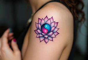 A detailed lotus flower with a yin-yang center intertwined, shaded in vibrant purples and blues, representing spiritual rebirth and karma’s endless cycle. tattoo idea