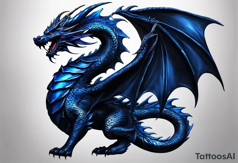 An epic floating dragon. Its long body coiling dynamically, with scales and horns detailed to create a sense of movement and strength. The dragon's main color is midnight blue, giving a vibrant depth and a mystical aura. This tattoo highlights the dragon’s fierce expression and sharp claws. tattoo idea