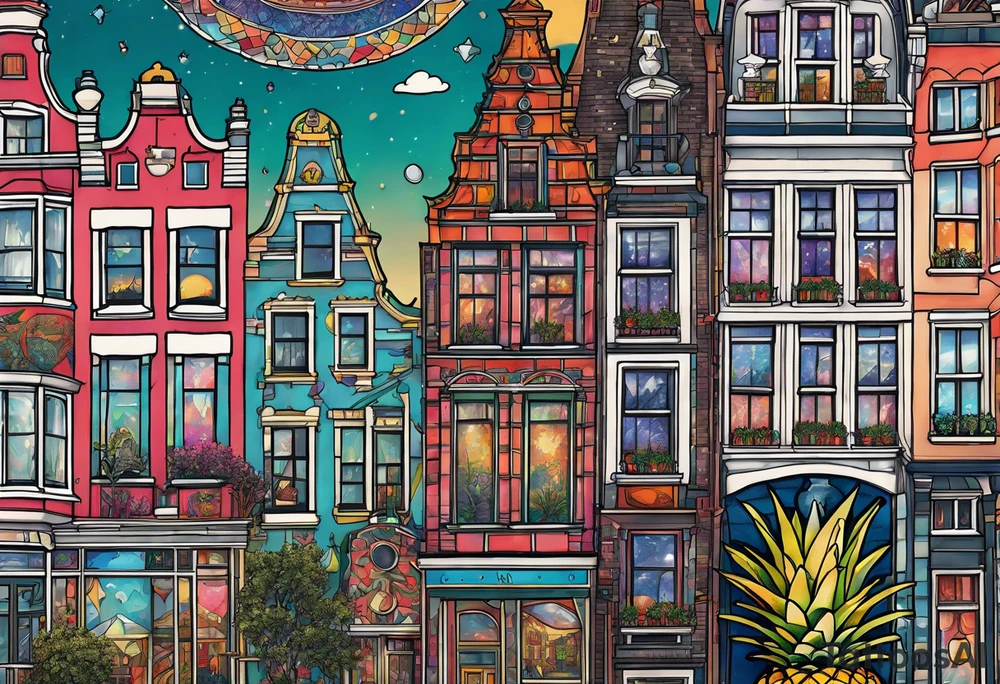 glass animals featuring colours of the universe and galaxies and pineapples in amsterdam city featuring Amsterdam buildings and canal tattoo idea