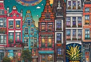 glass animals featuring colours of the universe and galaxies and pineapples in amsterdam city featuring Amsterdam buildings and canal tattoo idea