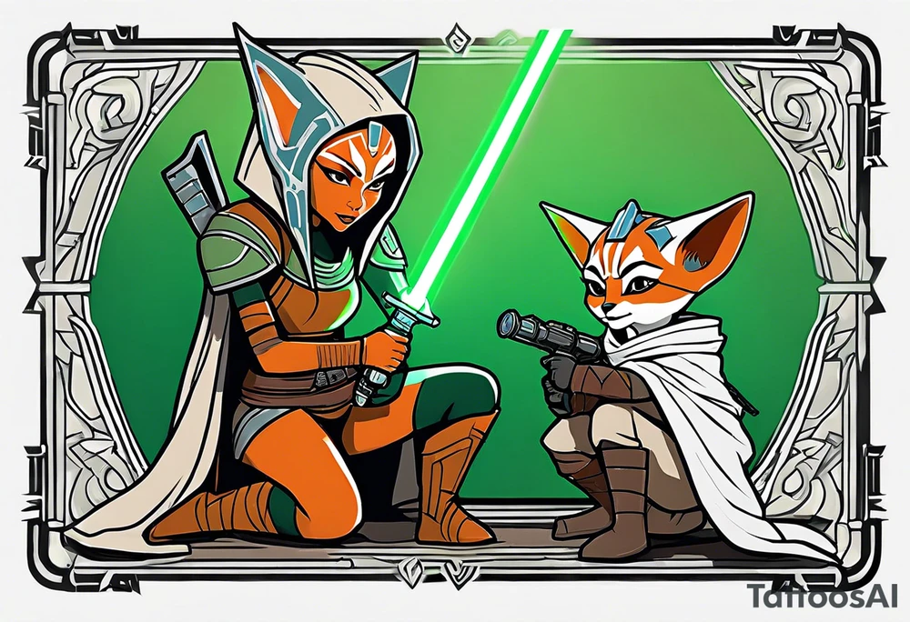 Ahsoka teaching young grogu who is wearing mandalorian armor crouching with a green lightsaber tattoo idea