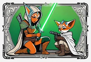 Ahsoka teaching young grogu who is wearing mandalorian armor crouching with a green lightsaber tattoo idea