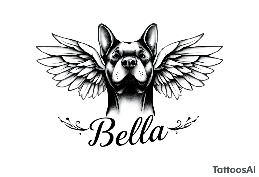 Dog print with angel wings and the name Bella tattoo idea