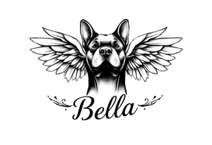 Dog print with angel wings and the name Bella tattoo idea