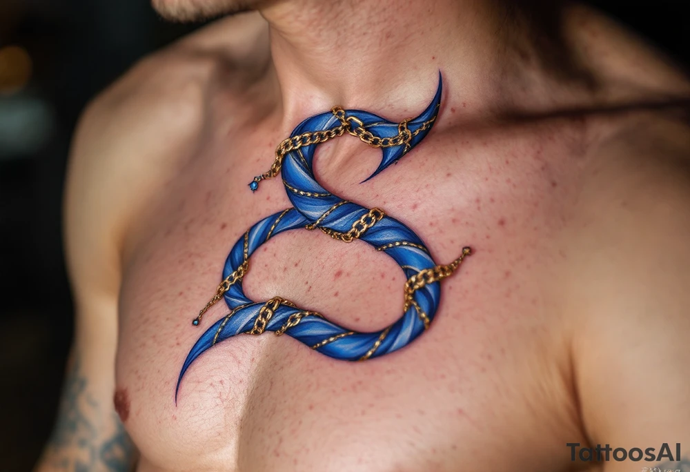 A royal blue "S" wrapped in a delicate gold chain, giving a luxurious feel. tattoo idea