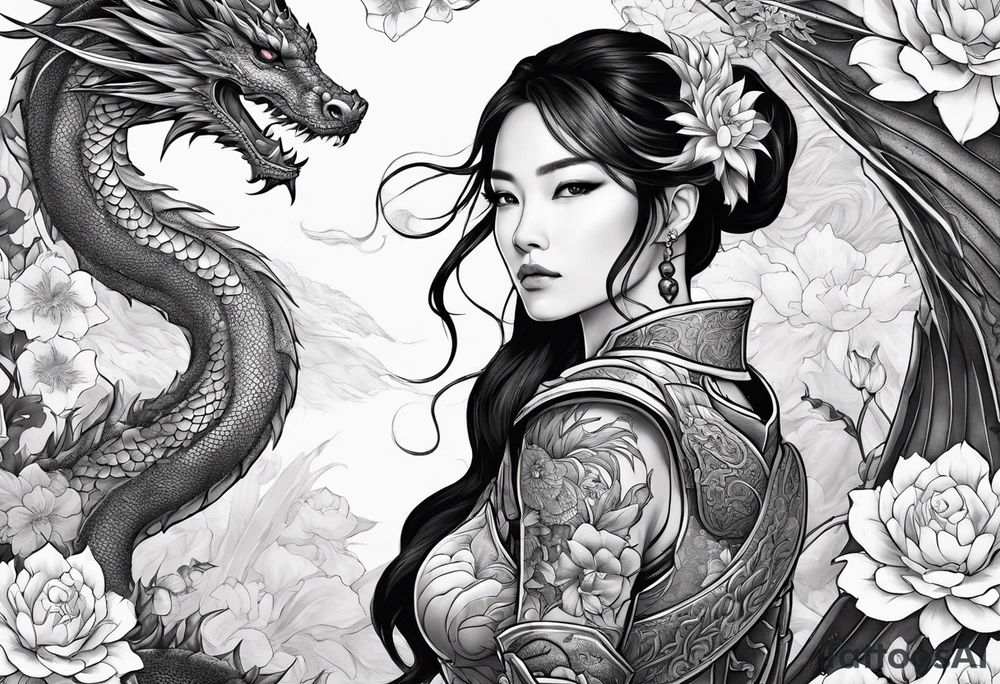 beautiful warrior woman wearing dragon armor and a floral background and a dragon tattoo idea