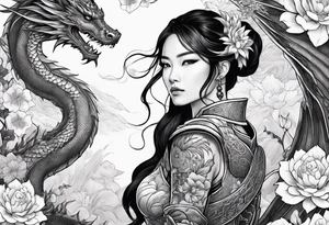 beautiful warrior woman wearing dragon armor and a floral background and a dragon tattoo idea