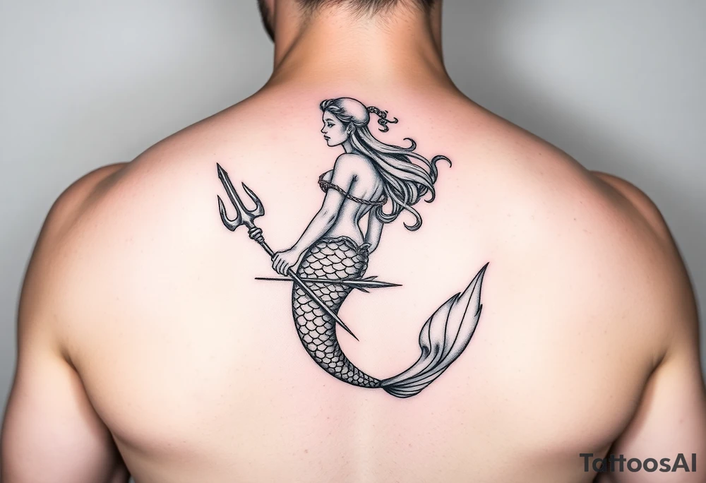 realistic mermaid with trident tattoo idea