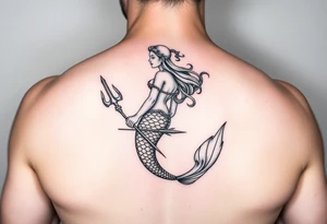 realistic mermaid with trident tattoo idea