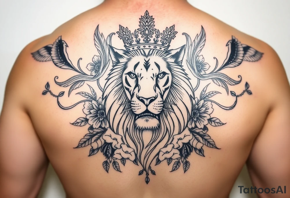 powerful majestic lion with a crown, surrounded by floral ornaments and birds tattoo idea