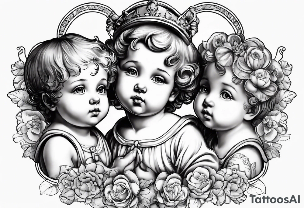 3 cherubs that look realistic, not cartoony. one of them is a girl holding a balloon, one is a boy holding a money bag, one is a girl hugging a heart. make them all separated tattoo idea