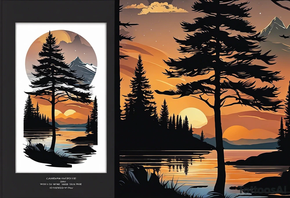 Sleeve tattoo windswept pine tree before lake with low hills on far side of lake. Mastiff silhouette in the foreground. with a dock coming out from the shore. Canadian shield. 
Include the words: "If the sun refused to shine
I would still be loving you
When mountains crumble to the sea
There will still be you and me" tattoo idea