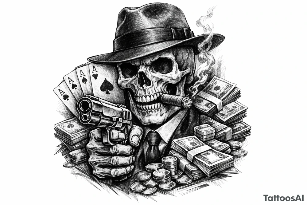 skull with gangster-hat,cigar in his mouth,gun in a hand,playing cards,a lot of money. tattoo idea