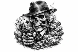 skull with gangster-hat,cigar in his mouth,gun in a hand,playing cards,a lot of money. tattoo idea