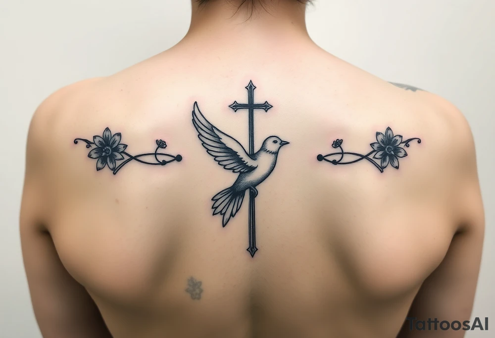 female spine tattoo, with the july birth flower, a mourning dove, something that symbolizes autism, a cross tattoo idea