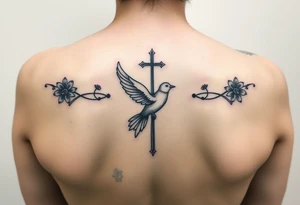 female spine tattoo, with the july birth flower, a mourning dove, something that symbolizes autism, a cross tattoo idea