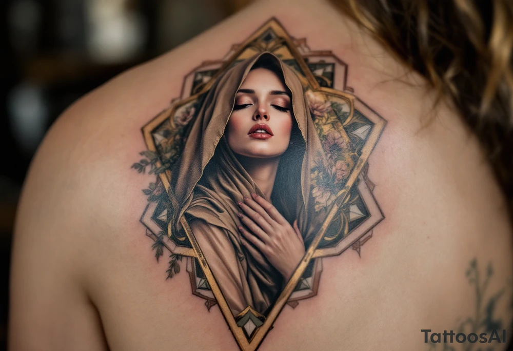 Alfons Mucha’s mythic muse cloaked in earthy browns and rose hues, framed by geometric art nouveau borders in tarnished gold. tattoo idea