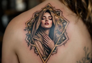 Alfons Mucha’s mythic muse cloaked in earthy browns and rose hues, framed by geometric art nouveau borders in tarnished gold. tattoo idea