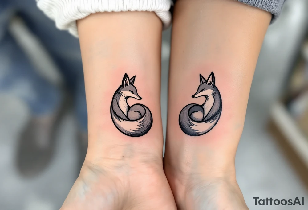 A black and white yin-yang formed by curled foxes on each partners wrist tattoo idea