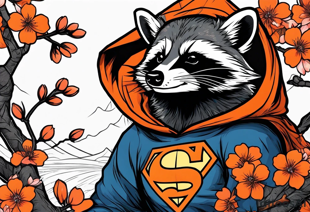 raccoon wearing a black and white Superman hoodie and orange Japanese cherry blossoms tattoo idea