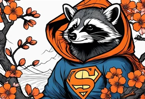 raccoon wearing a black and white Superman hoodie and orange Japanese cherry blossoms tattoo idea