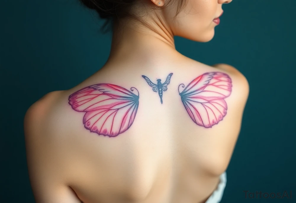 A dreamy portrait of a Virgo woman with delicate butterfly wings, in soft lavender, pink, and pearl white hue tattoo idea