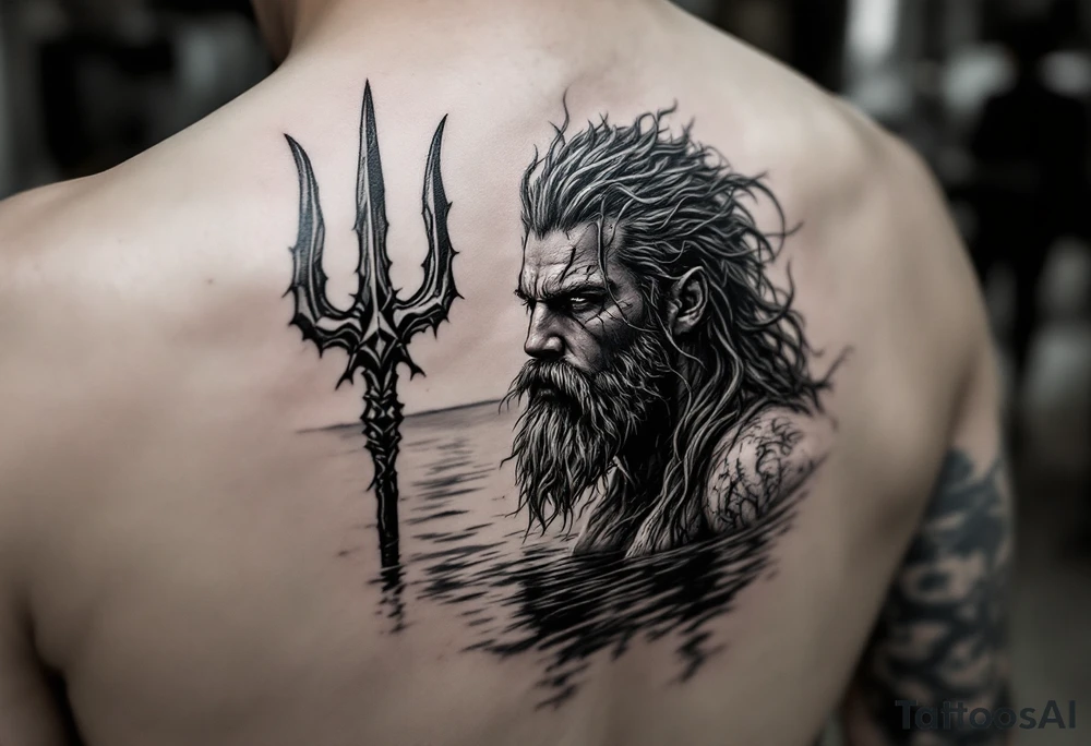 fit poseidon, with trident, in calm water, looking at the horizon tattoo idea