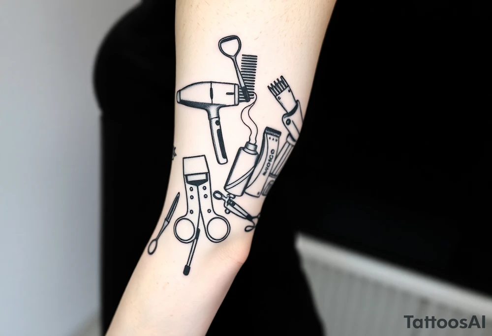 Full sleeve for hair salon with scissors comb hairdryer clippers with Smokey in between tattoo idea