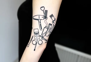 Full sleeve for hair salon with scissors comb hairdryer clippers with Smokey in between tattoo idea