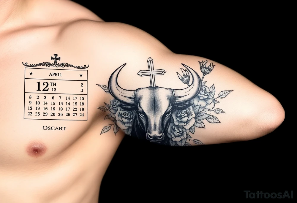 Calendar with the date 12th of April with a cross, roses,  Spanish bull and the name Oscar tattoo idea