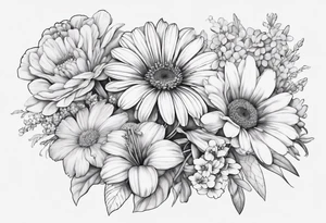 a fine line, dainty bouquet of a gerbera daisy, an iris, blue bells, and forget me nots, tied together with a small bow. no shading or realism. a small line work piece tattoo idea