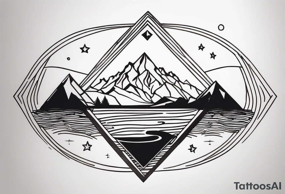 Übersetzter Text
tattoo fineline style, black, no fill, säntis mountain massif, water wave, a large semi-circle with two small colored stars frames the mountain peak, an open diamond as a geometric shape with dashed lines surrounds everything with the water overhanging the diamond, tattoo idea