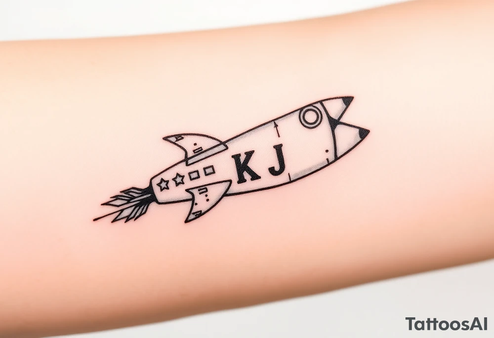 Rocket ship with letters K and J somewhere on it tattoo idea
