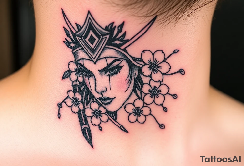 Samurai women warrior face
 with a with cherry blossom with wind lotuses tattoo idea