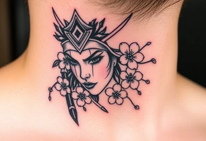 Samurai women warrior face
 with a with cherry blossom with wind lotuses tattoo idea