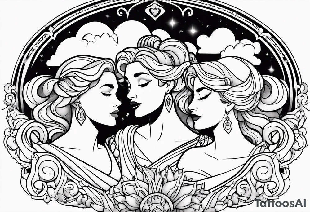 The muses from the Disney movie Hercules surrounded by whimsical clouds tattoo idea