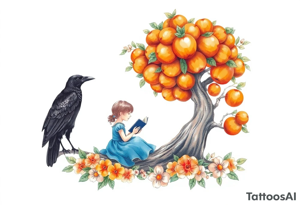 An orange tree, a little girl wearing a blue dress sitting under it while reading. A raven watching her. Flowers around.


. tattoo idea
