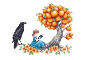 An orange tree, a little girl wearing a blue dress sitting under it while reading. A raven watching her. Flowers around.


. tattoo idea