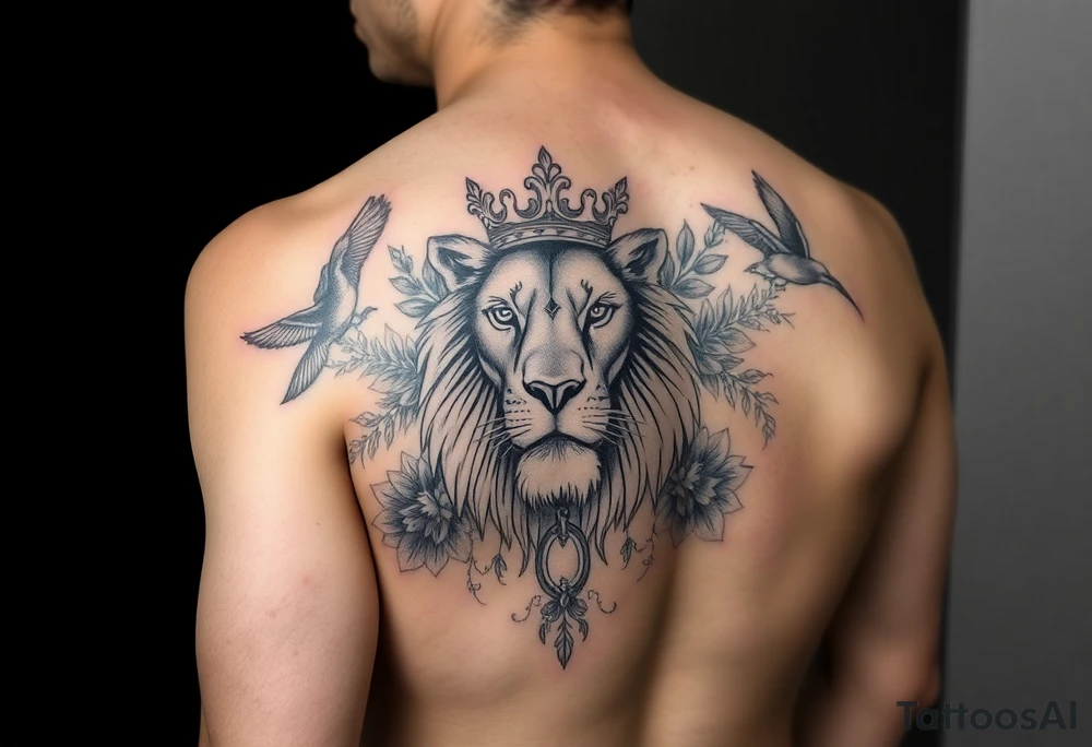 powerful majestic lion with a crown, surrounded by floral ornaments and birds tattoo idea