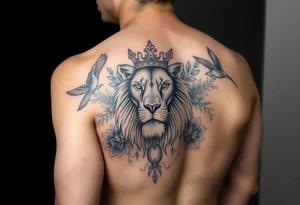powerful majestic lion with a crown, surrounded by floral ornaments and birds tattoo idea