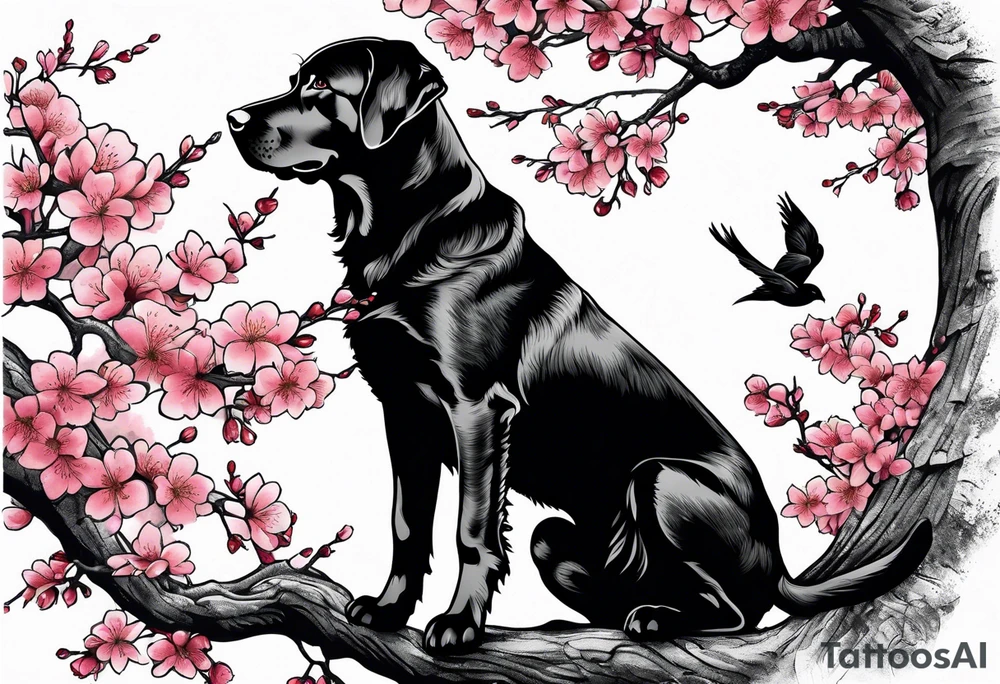 Silouhette of black lab under a cherry blossom tree bending to the right tattoo idea