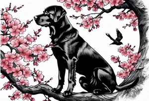 Silouhette of black lab under a cherry blossom tree bending to the right tattoo idea