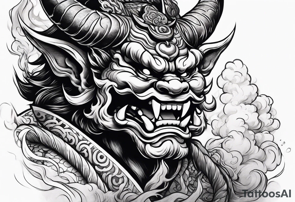 Japanese oni demon facing half sideways with subtle smoke coming out its mouth. With some Japanese cultural things surrounding it tattoo idea