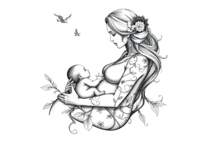 Mère assise  qui allaite son bébé relié au ciel et à la terre tattoo idea